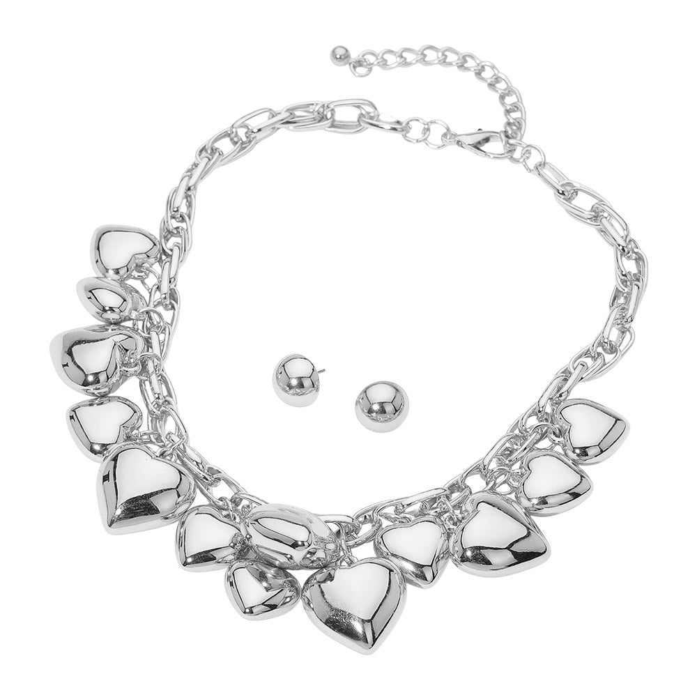 Chunky Puffy Metal Heart Charm Embellished Necklace