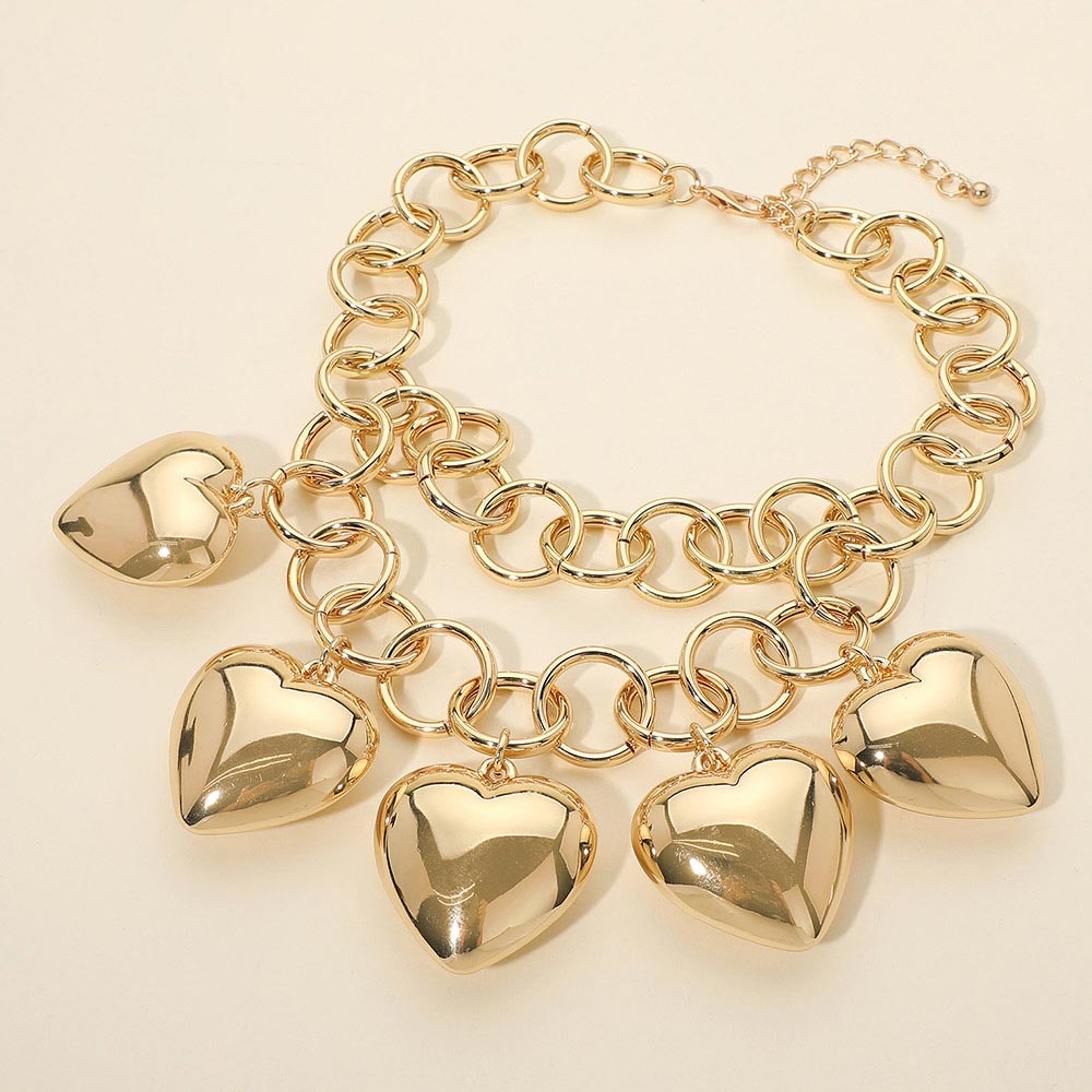 Bold Puffy Metal Heart Charm Station Linked Chain Layered Statement Necklace