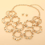 Textured Metal Interlocking Circle Layered Statement Necklace