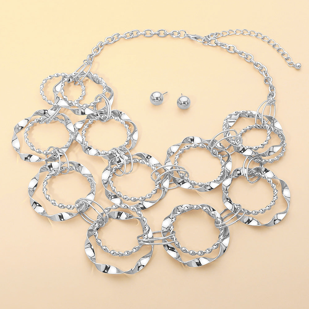 Textured Metal Interlocking Circle Layered Statement Necklace