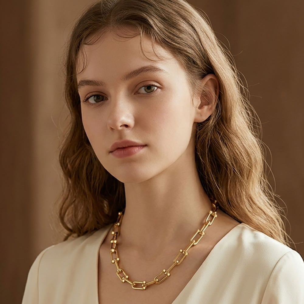 Gold Dipped Bold Beaded Paperclip Chain Necklace