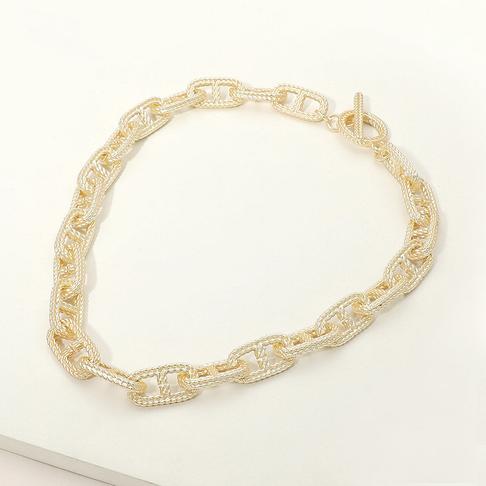 14K Gold Plated Bold Textured Mariner Link Chain Necklace