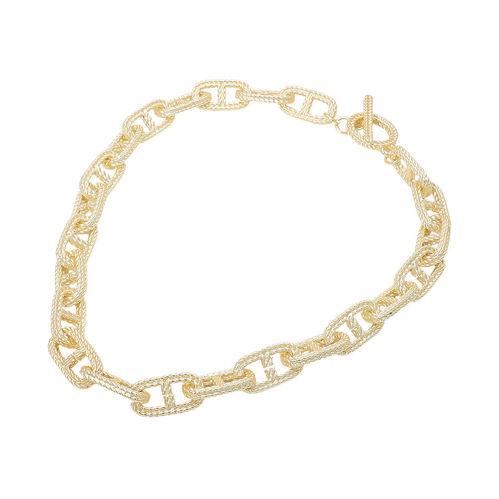 14K Gold Plated Bold Textured Mariner Link Chain Necklace