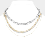Layered Rhinestone Metal Chain Link Necklace