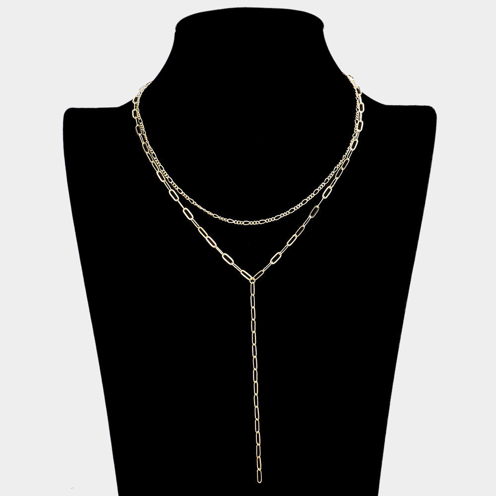 Brass Metal Open Metal Link Double Layered Y Necklace
