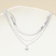 White Gold Dipped Sunburst Charm Pendant Herringbone Chain Layered Necklace