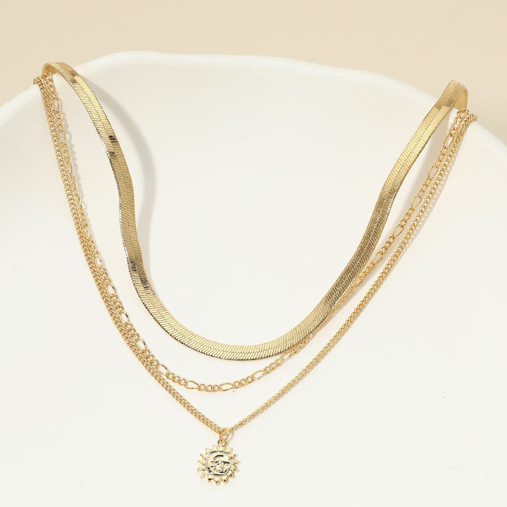 18K Gold Dipped Zodiac Moon Sunburst Coin Pendant Accent Herringbone Chain Layered Necklace