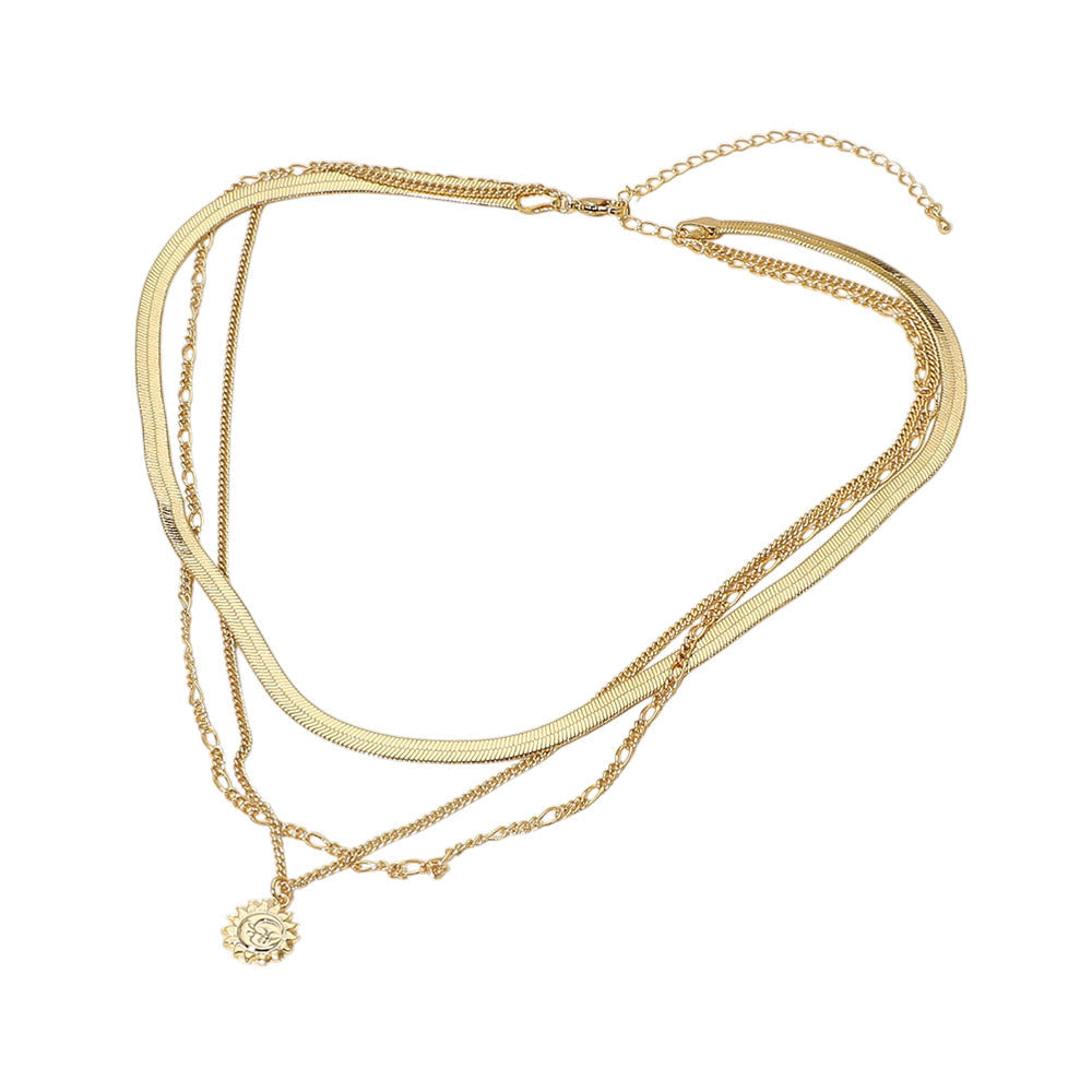 18K Gold Dipped Zodiac Moon Sunburst Coin Pendant Accent Herringbone Chain Layered Necklace