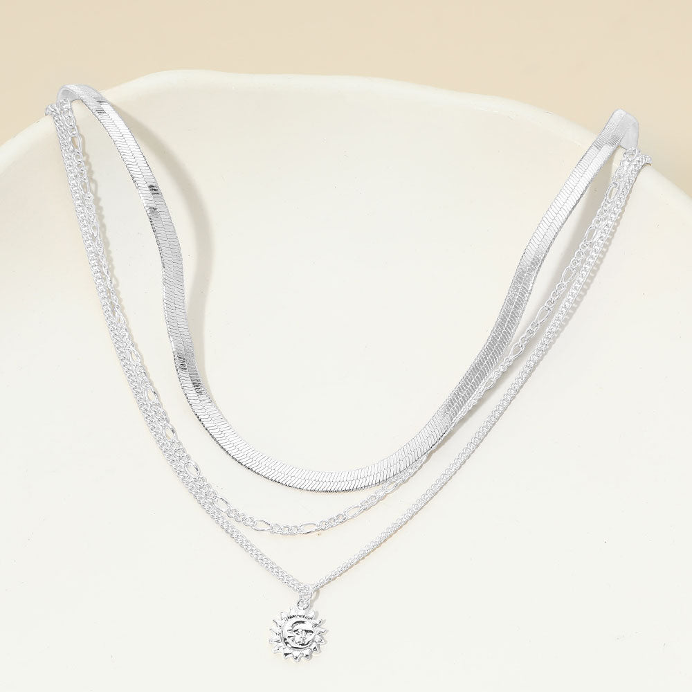 White Gold Dipped Zodiac Moon Sunburst Coin Pendant Accent Herringbone Chain Layered Necklace