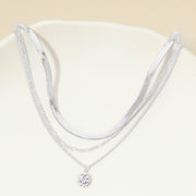 White Gold Dipped Zodiac Moon Sunburst Coin Pendant Accent Herringbone Chain Layered Necklace