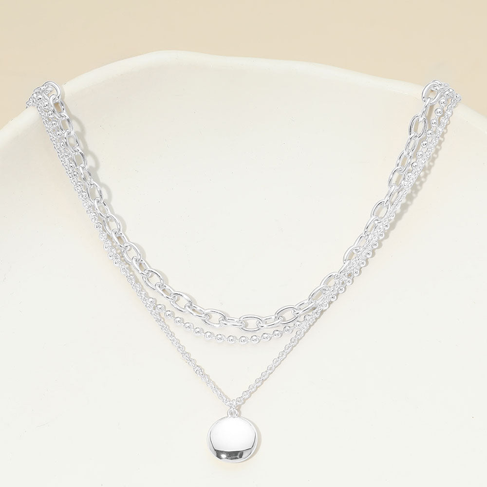 White Gold Dipped Polished Round Pendant Accent Mixed Chain Layered Necklace