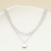 White Gold Dipped Polished Round Pendant Accent Mixed Chain Layered Necklace