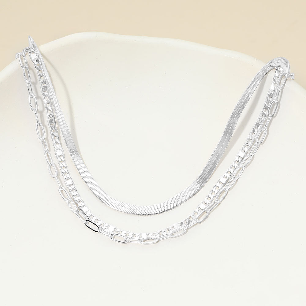 White Gold Dipped Herringbone Paperclip Chain Layered Necklace