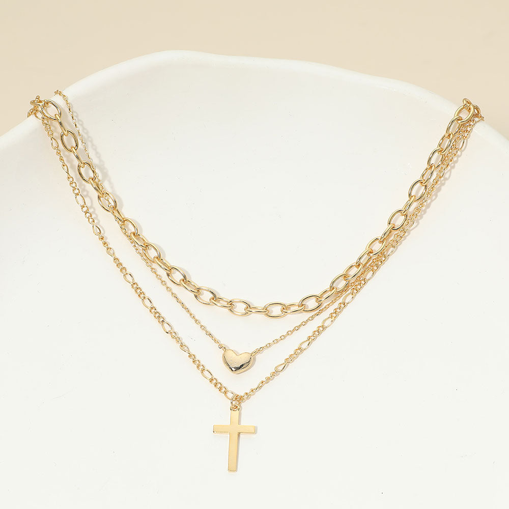 18K Gold Dipped Cross Pendant Heart Charm Accent Mixed Chain Layered Necklace