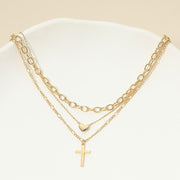 18K Gold Dipped Cross Pendant Heart Charm Accent Mixed Chain Layered Necklace