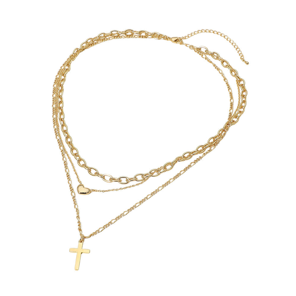 18K Gold Dipped Cross Pendant Heart Charm Accent Mixed Chain Layered Necklace