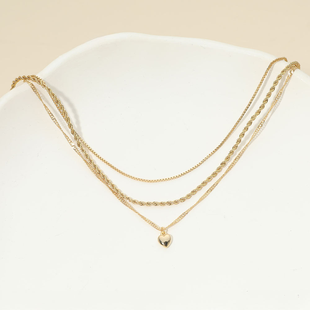 18K Gold Dipped Heart Charm Pendant Accent Mixed Chain Layered Necklace