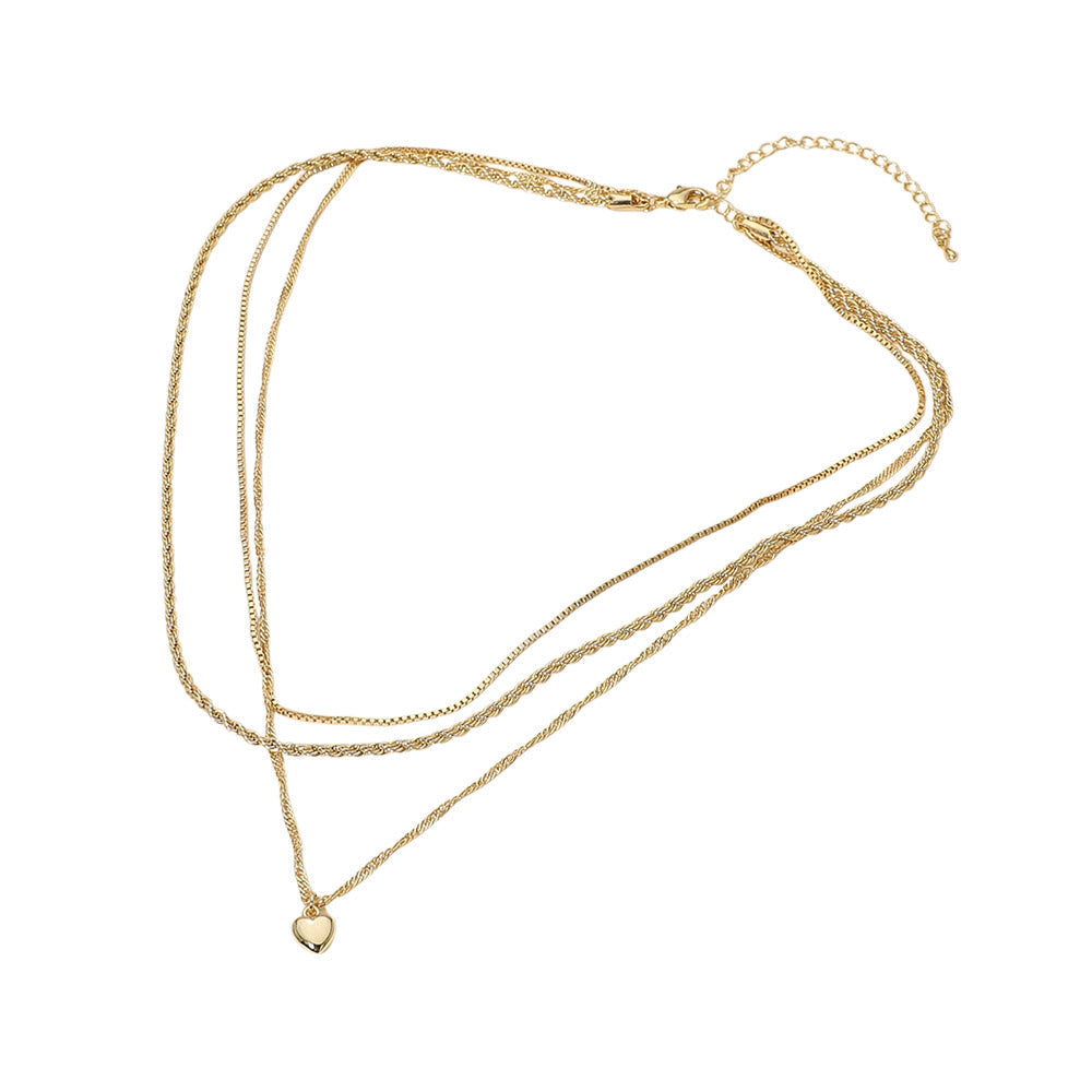18K Gold Dipped Heart Charm Pendant Accent Mixed Chain Layered Necklace