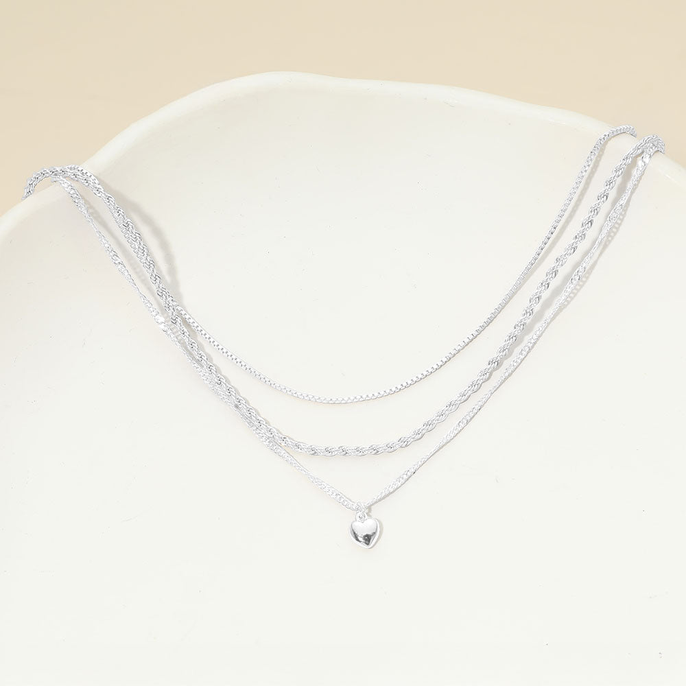 White Gold Dipped Heart Charm Pendant Accent Mixed Chain Layered Necklace