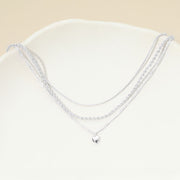 White Gold Dipped Heart Charm Pendant Accent Mixed Chain Layered Necklace