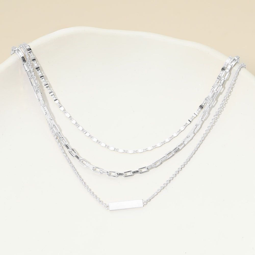 White Gold Dipped Bar Pendant Layered Mixed Chain Layered Necklace