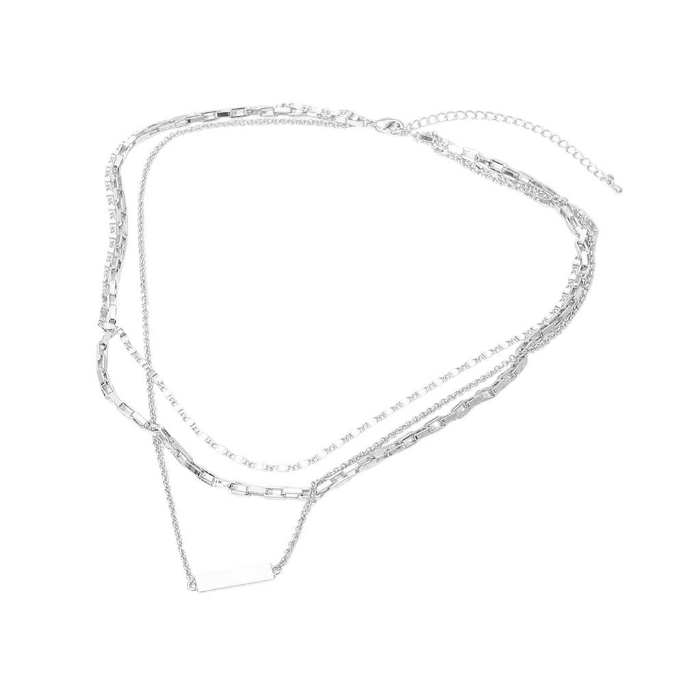 White Gold Dipped Bar Pendant Layered Mixed Chain Layered Necklace