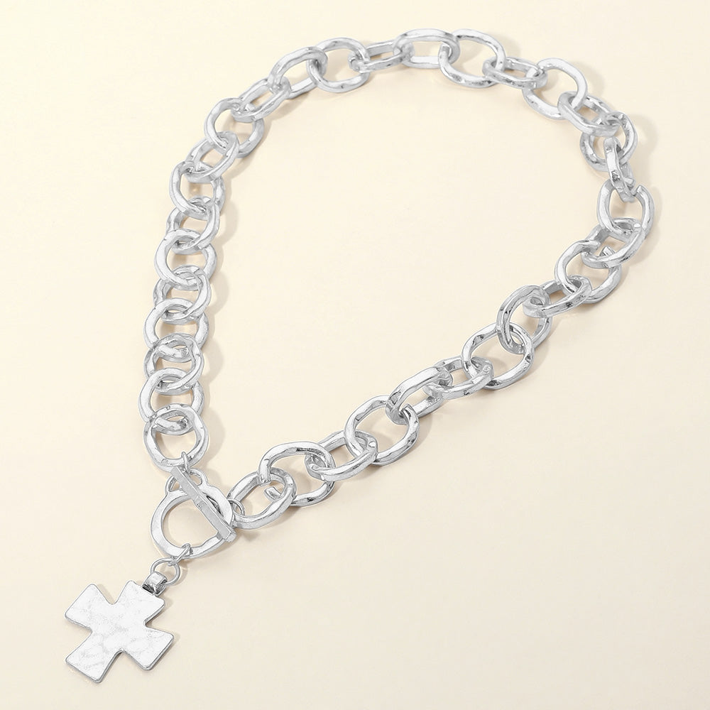 Cross Charm Chunky Chain Toggle Necklace