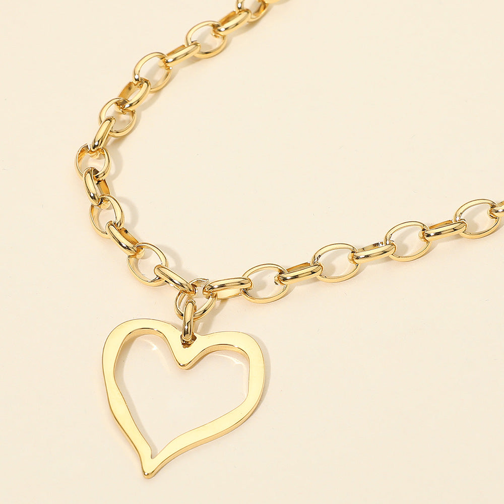 Stainless Steel Chunky Open Heart Pendant Chain Necklace