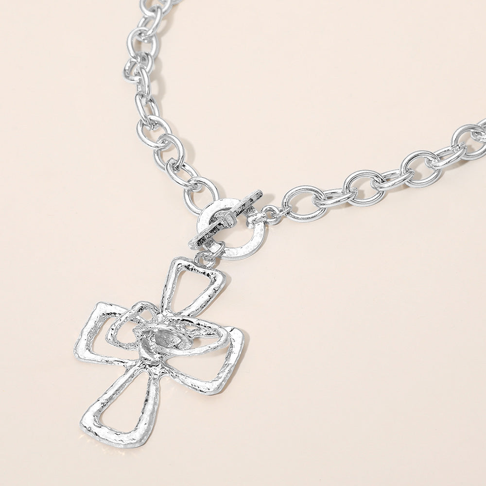 Hammered Metal Cross Toggle Pendant Necklace