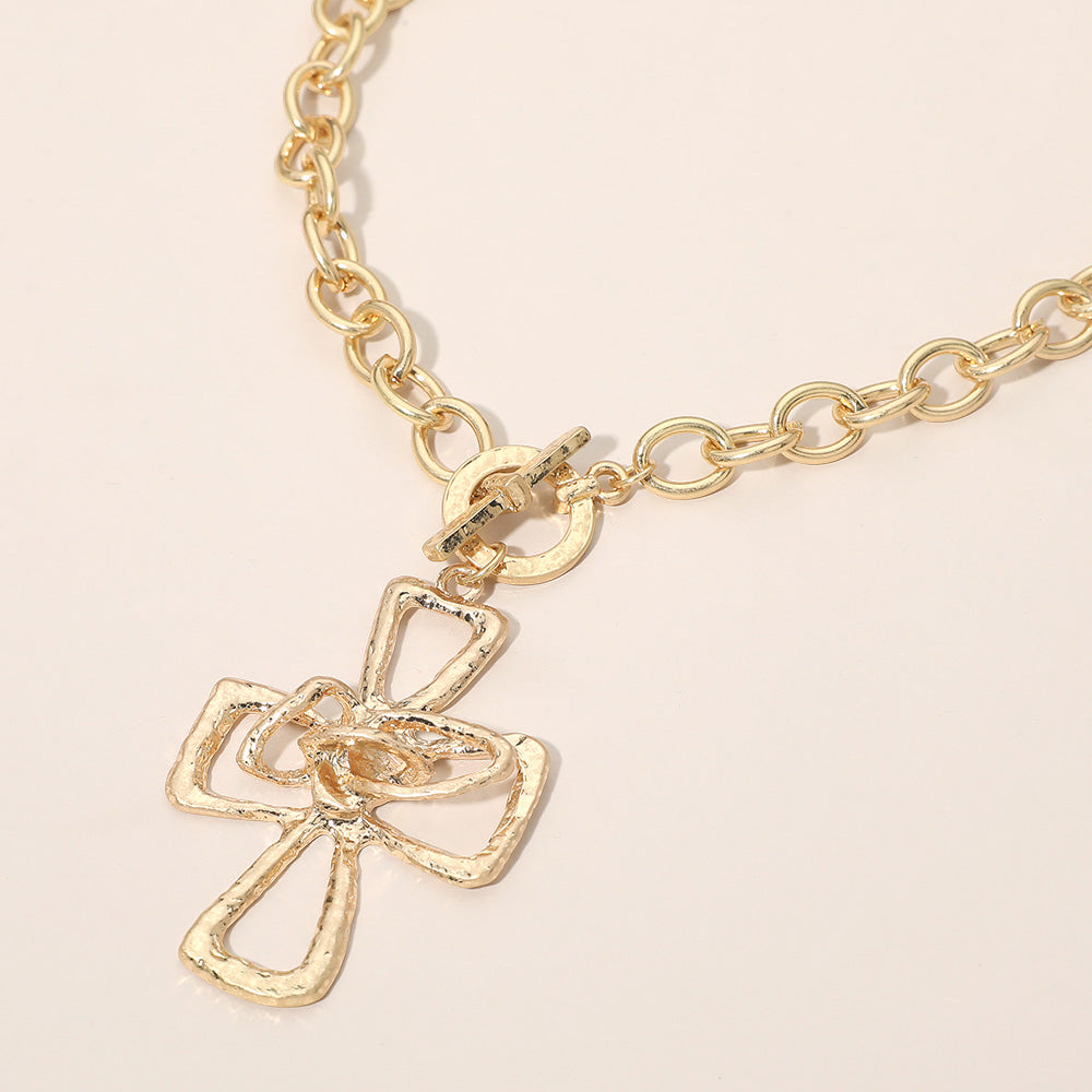 Hammered Metal Cross Toggle Pendant Necklace