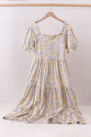 Floral print puff sleeve tiered dress