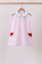 Pink stripe watermelon embroidery seersucker dress