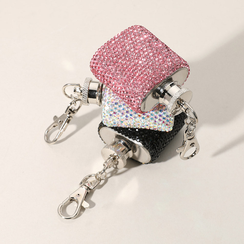 1oz Bling Studded Stainless Steel Mini Flask Keychain Bag Charm