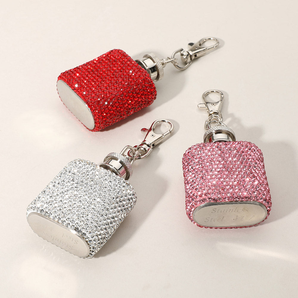 1oz Bling Studded Stainless Steel Mini Flask Keychain Bag Charm