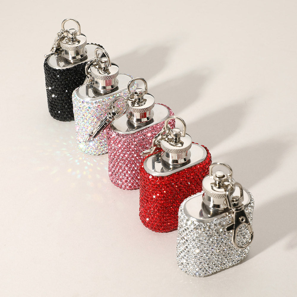 1oz Bling Studded Stainless Steel Mini Flask Keychain Bag Charm