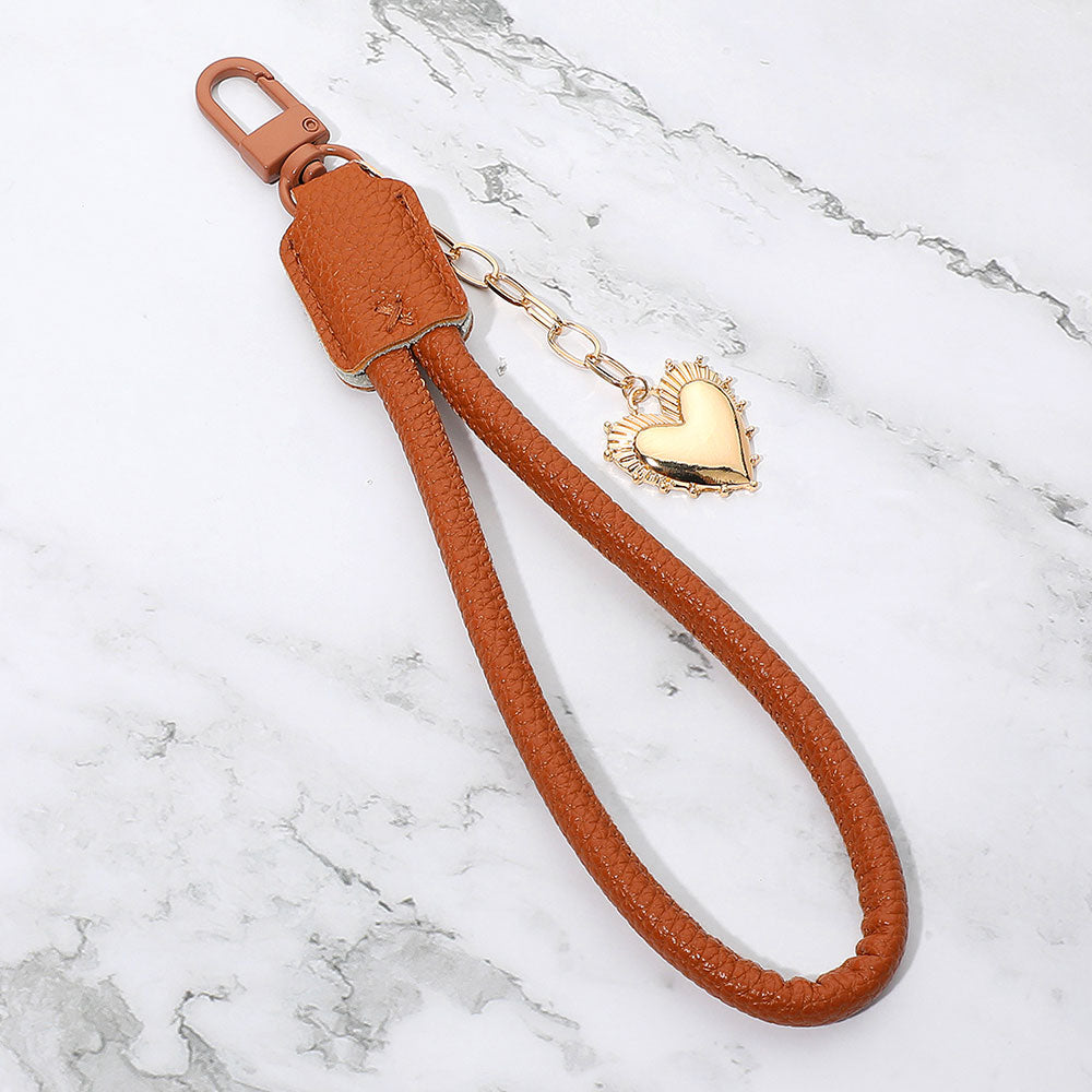 Heart Charm Drop Faux Leather Wristlet Keychain Bag Charm
