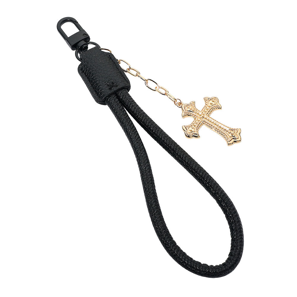 Cross Charm Drop Faux Leather Wristlet Keychain Bag Charm