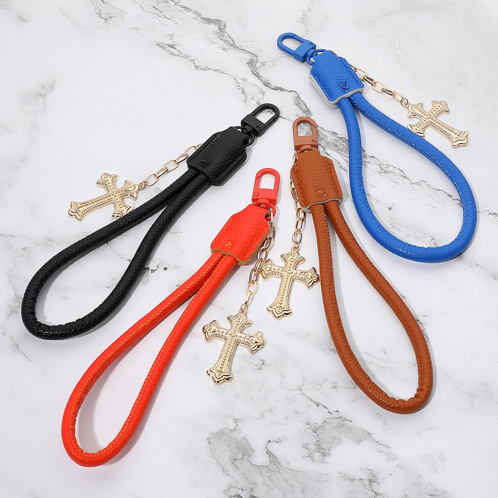 Cross Charm Drop Faux Leather Wristlet Keychain Bag Charm