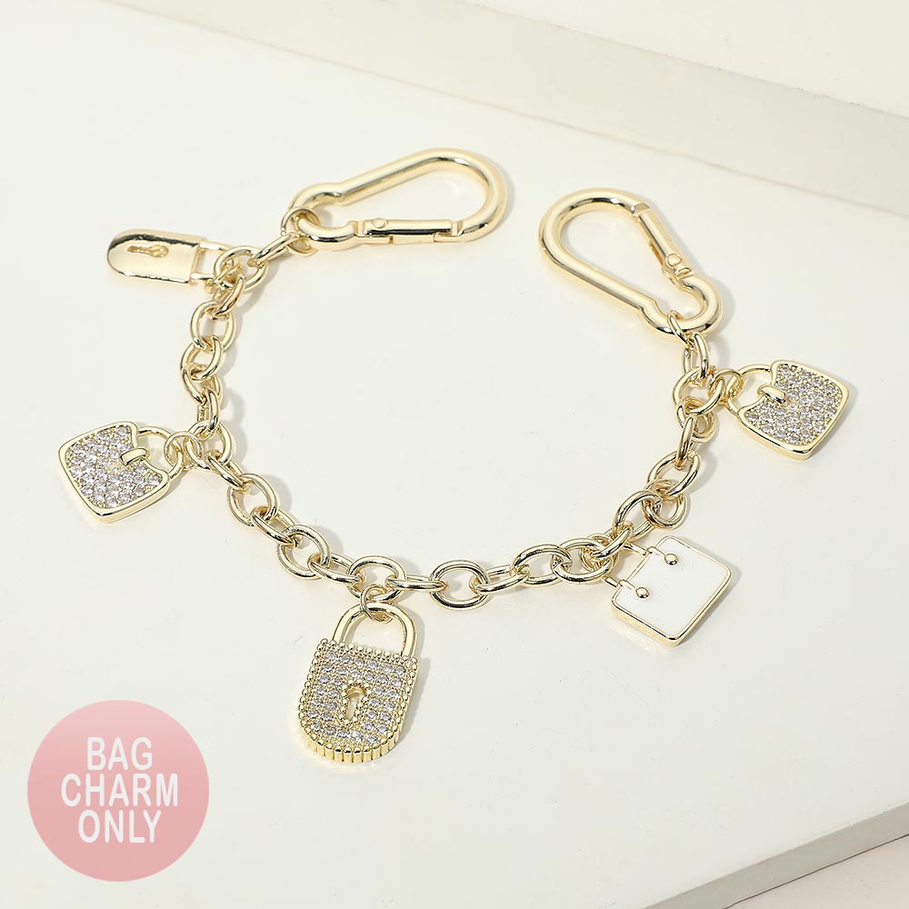 14K Gold Plated CZ Pave Padlock Handbag Charm Station Bag Chain