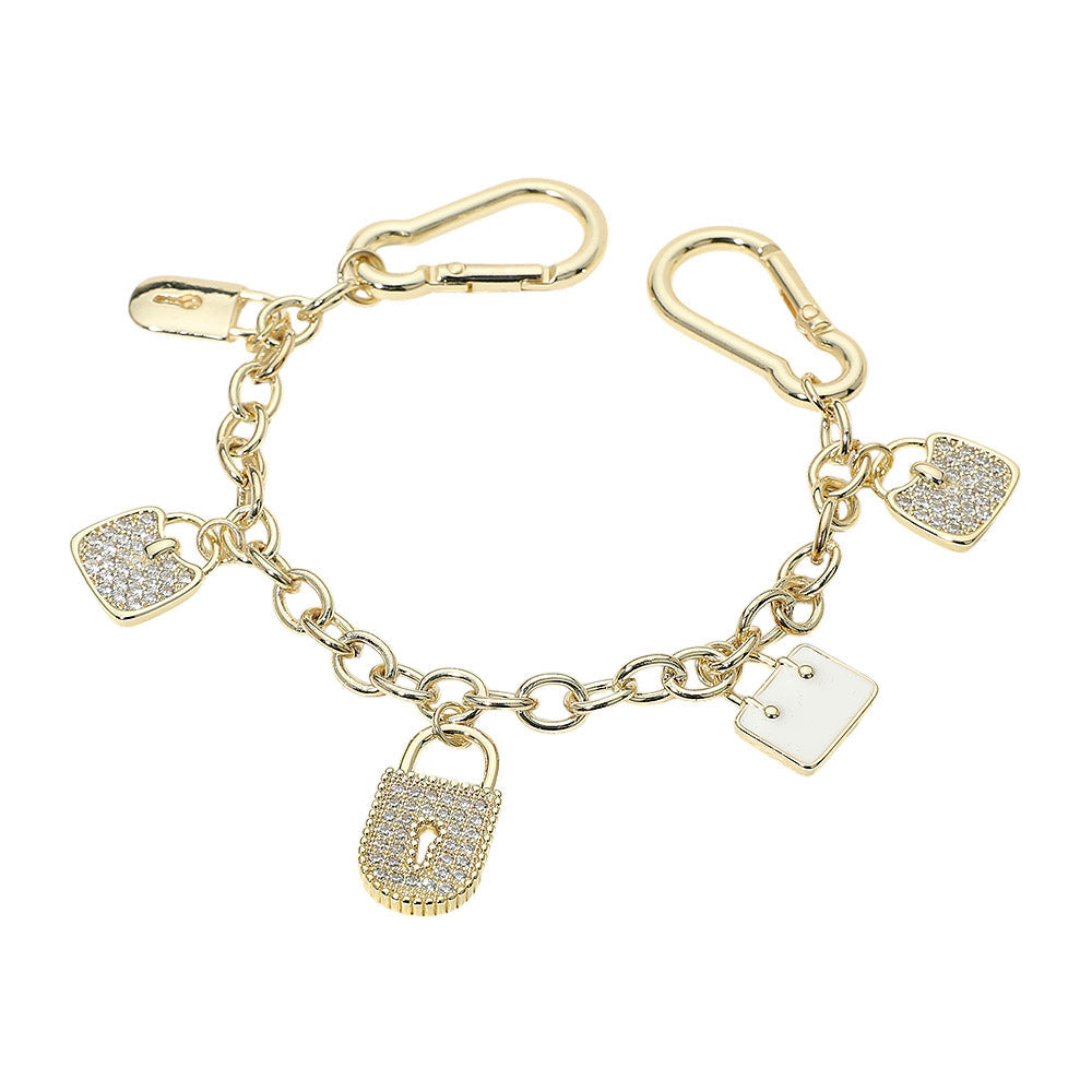 14K Gold Plated CZ Pave Padlock Handbag Charm Station Bag Chain