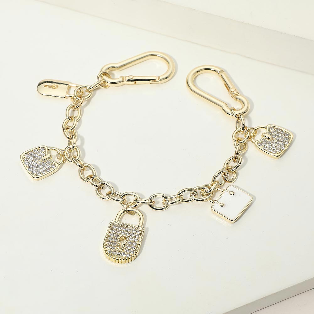 14K Gold Plated CZ Pave Padlock Handbag Charm Station Bag Chain