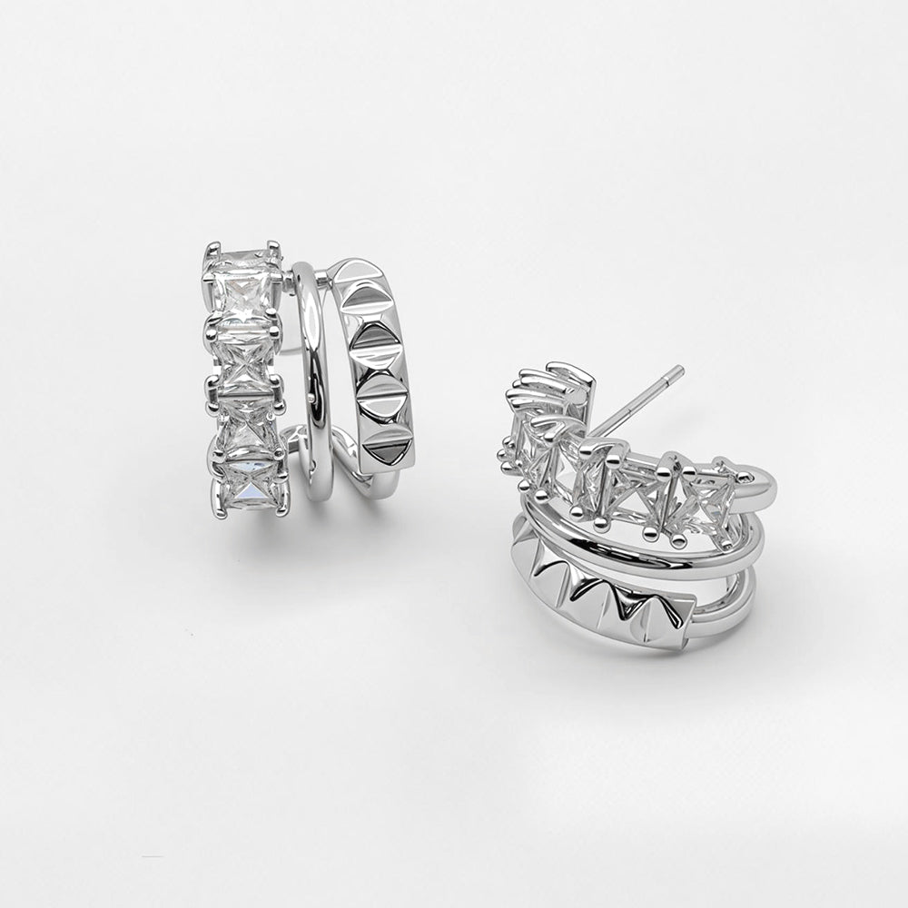 White Gold Dipped Geometric Clam CZ Hoop Earrings