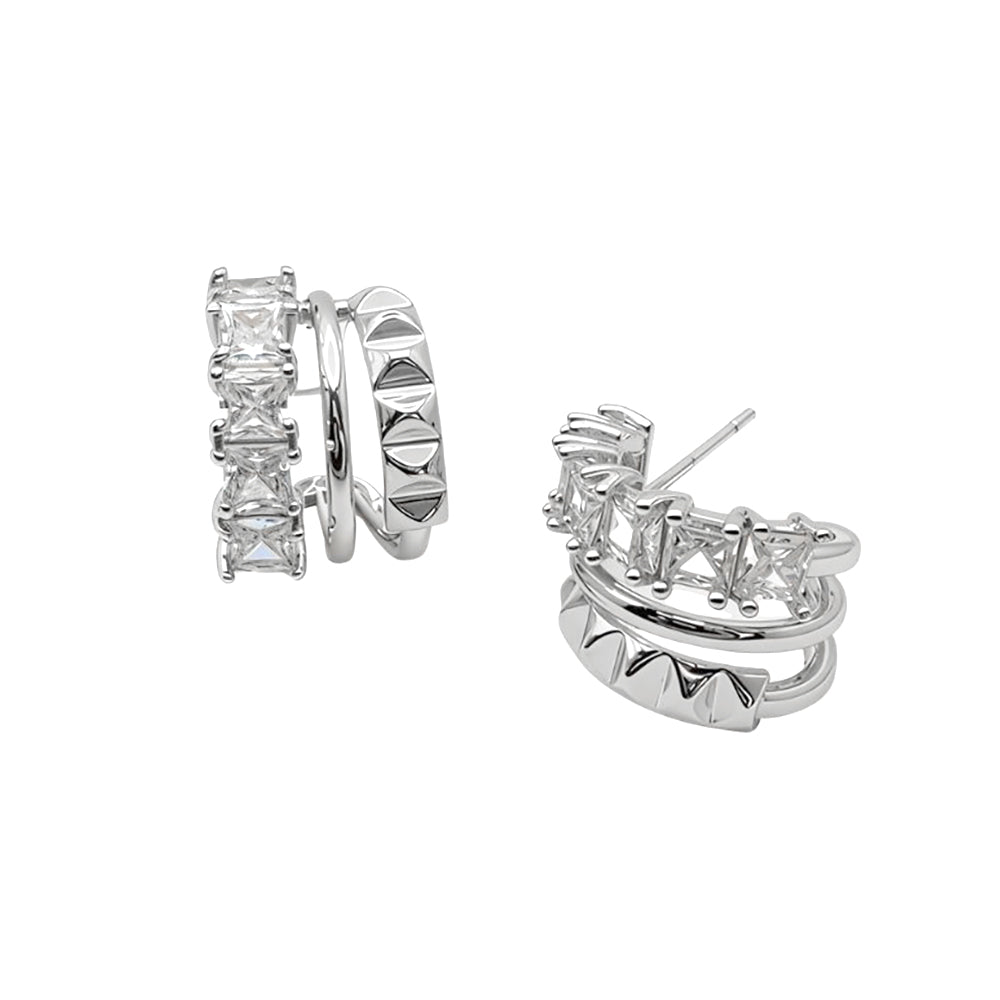 White Gold Dipped Geometric Clam CZ Hoop Earrings