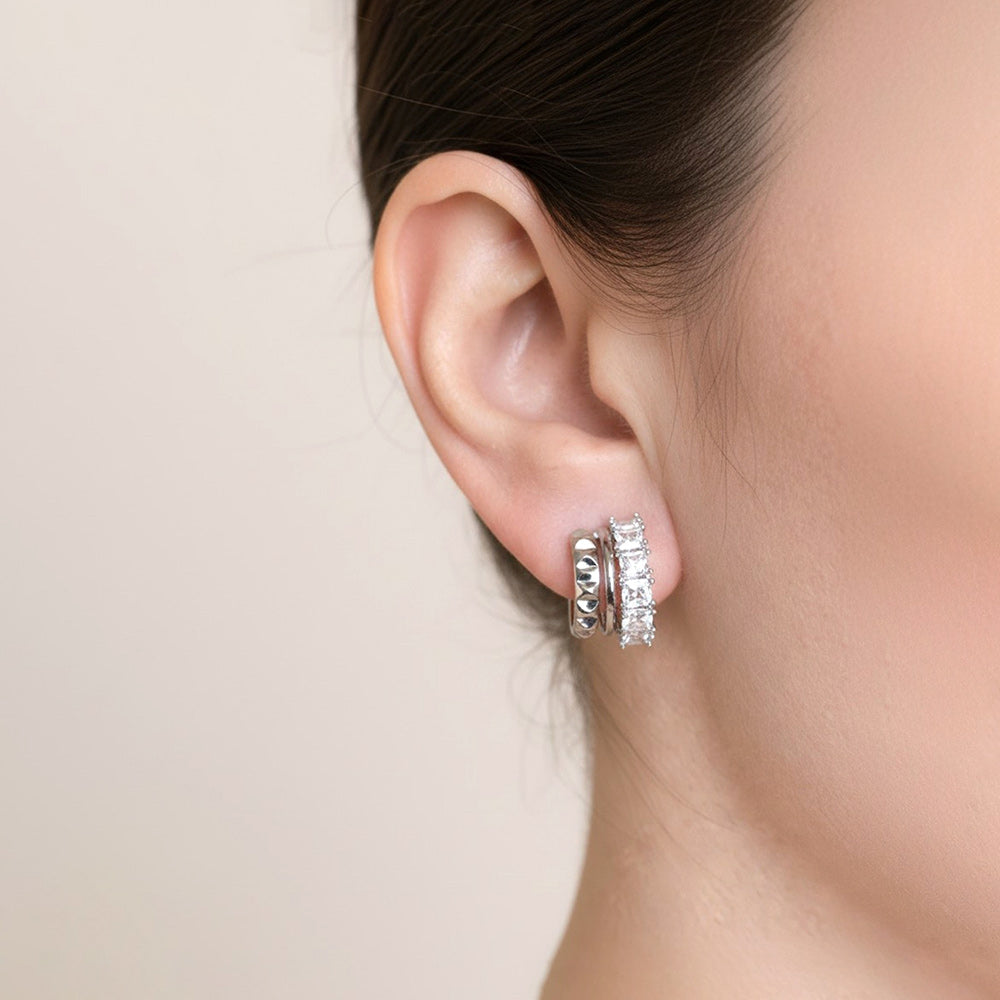 White Gold Dipped Geometric Clam CZ Hoop Earrings