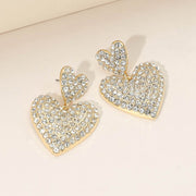 Gold Dipped Rhinestone Pave Double Heart Link Drop Earrings