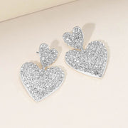 Silver Dipped Rhinestone Pave Double Heart Link Drop Earrings