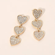 Gold Dipped Rhinestone Pave Triple Heart Link Drop Earrings