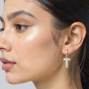 14K Gold Dipped T-Shaped CZ Stone Cluster Charm Dangle Huggie Hoop Earrings