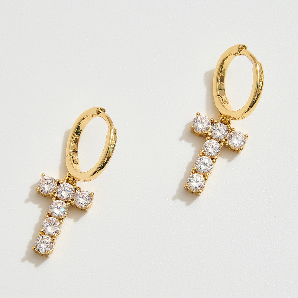 14K Gold Dipped T-Shaped CZ Stone Cluster Charm Dangle Huggie Hoop Earrings