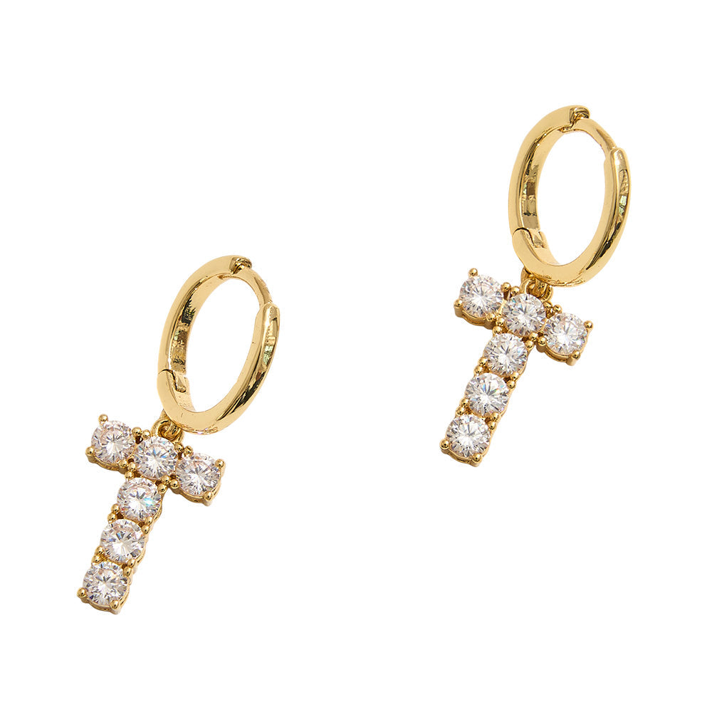 14K Gold Dipped T-Shaped CZ Stone Cluster Charm Dangle Huggie Hoop Earrings